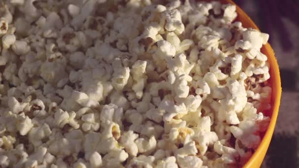 Man Takes Fresh Hot Popcorn Bowl Male Hand Picks Popcorn — Stock Video