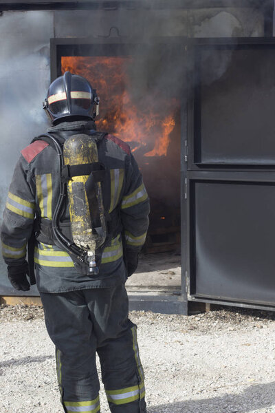 Fireman fire training station drill