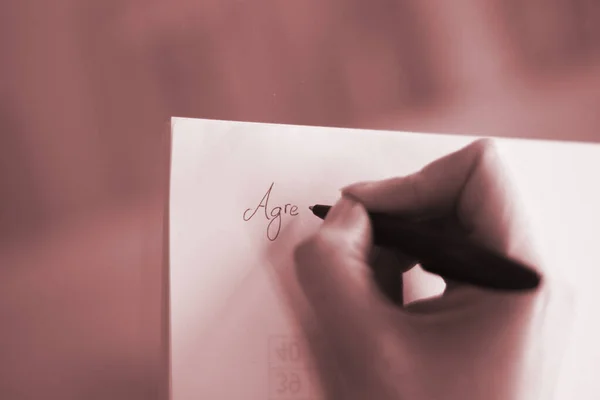 Junge Frau Schreibt Auf Papier Mit Bleistift Der Hand Auf — Stockfoto