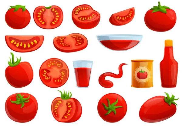 Набор томатных икон, мультяшный стиль — стоковый вектор