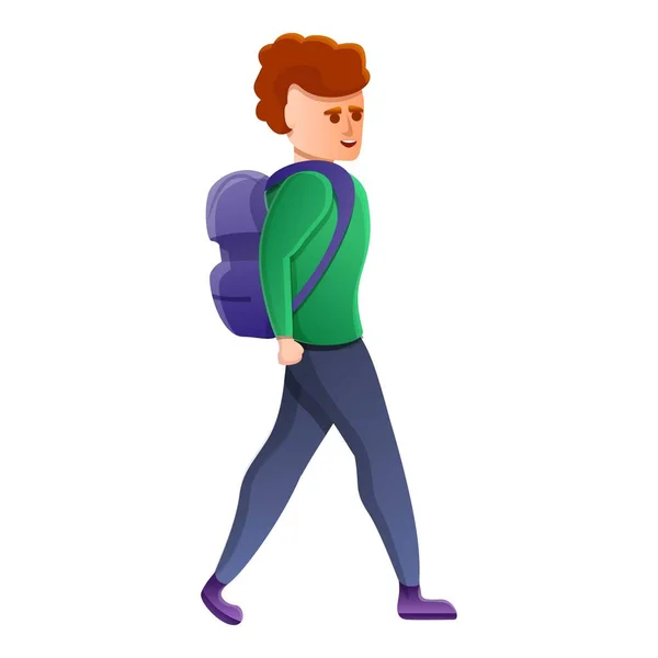 Niño caminando icono de la mochila, estilo de dibujos animados — Vector de stock