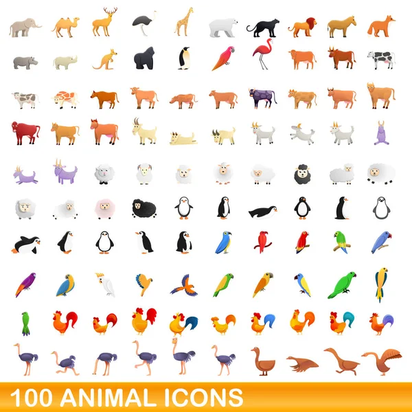 100 Animal Icons Set im Cartoon-Stil — Stockvektor