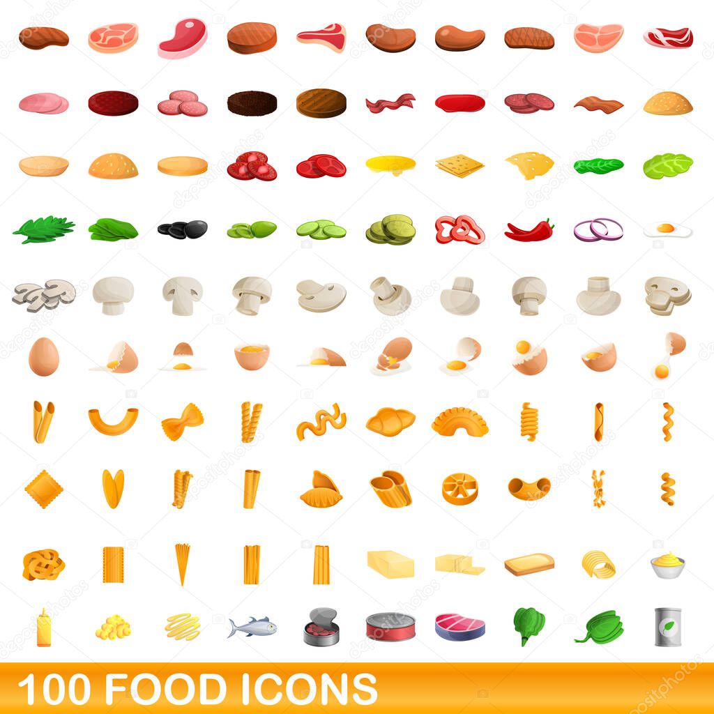 100 food icons set, cartoon style