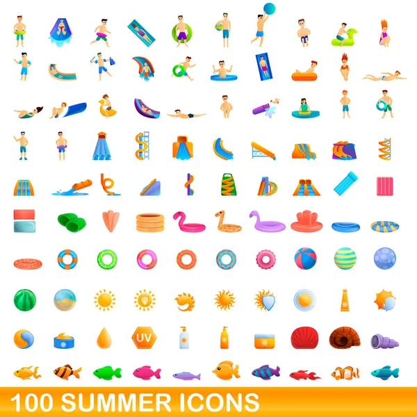 100 conjunto de iconos de verano, estilo de dibujos animados — Vector de stock