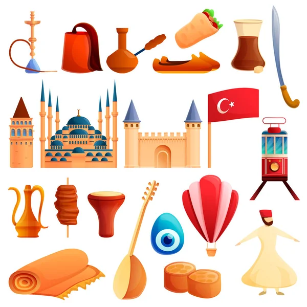 Turquie pays icônes ensemble, style dessin animé — Image vectorielle