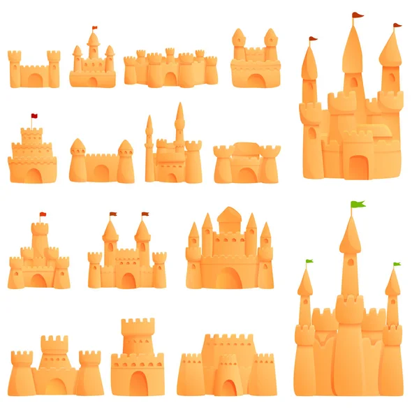 Ensemble d'icônes de sable château, style dessin animé — Image vectorielle