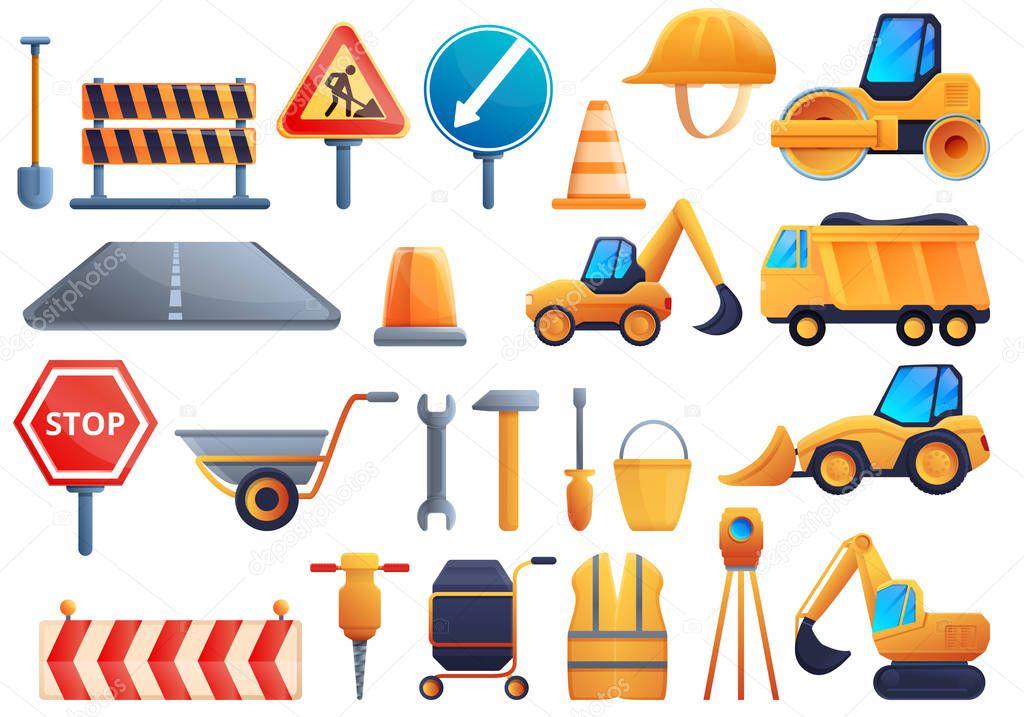 Road repair icons set, cartoon style