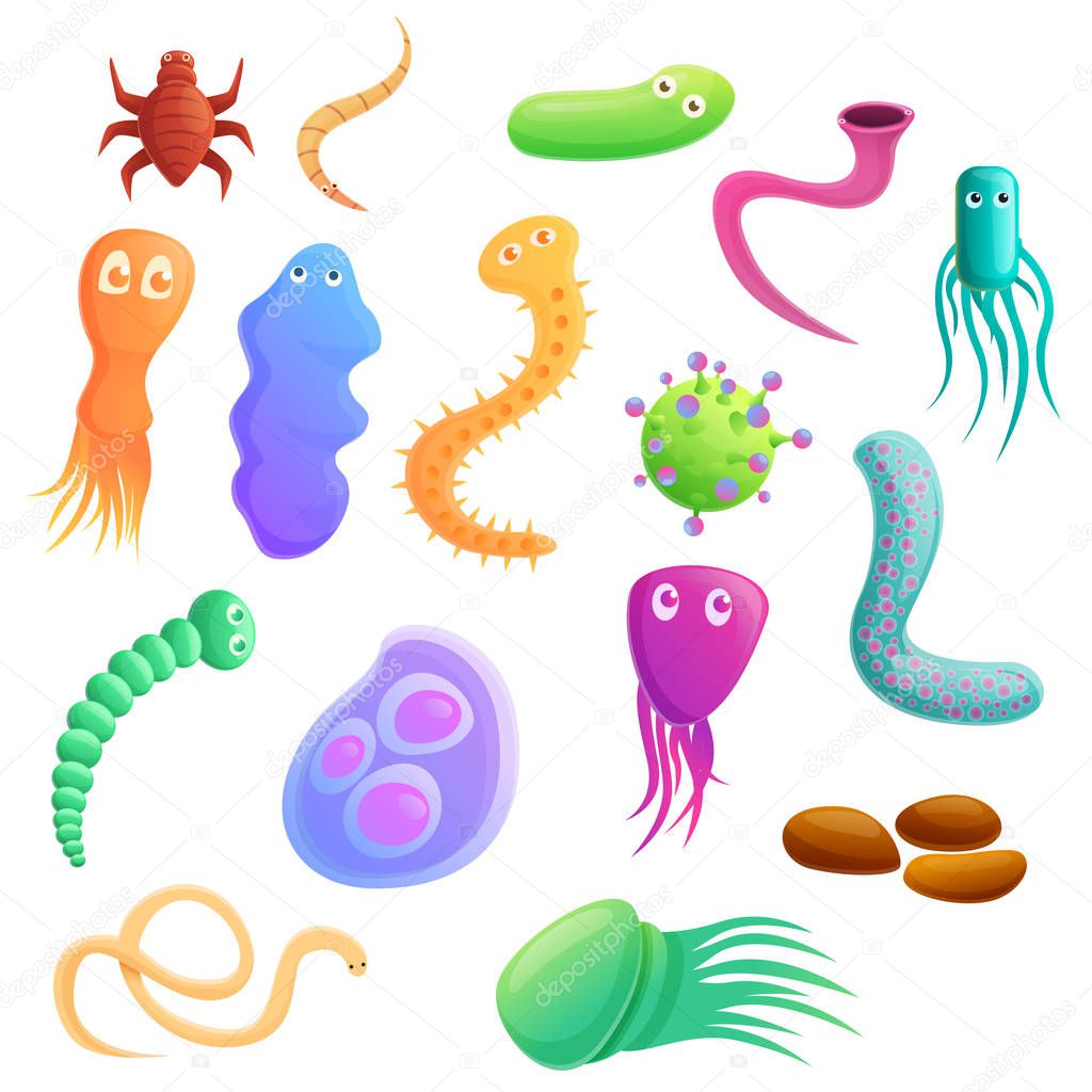 Parasite icons set, cartoon style