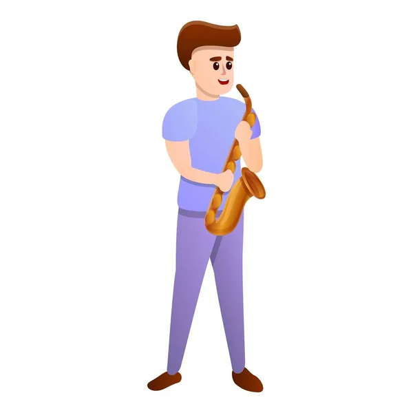Menino jogando ícone saxofone, estilo dos desenhos animados — Vetor de Stock