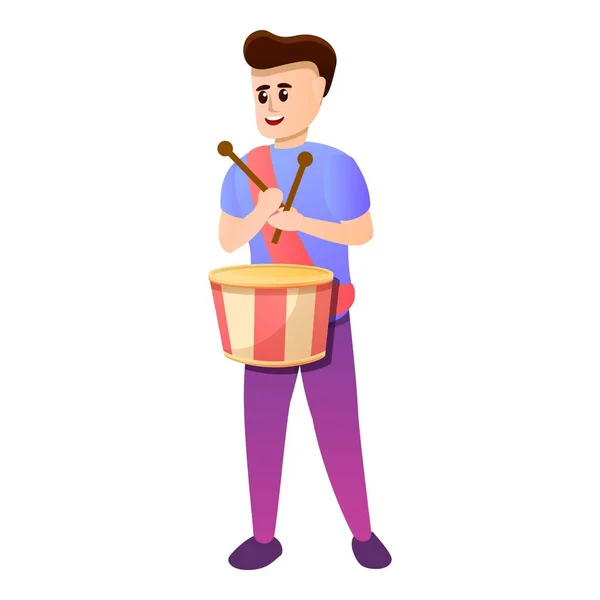 Menino tocando bateria ícone, estilo dos desenhos animados — Vetor de Stock