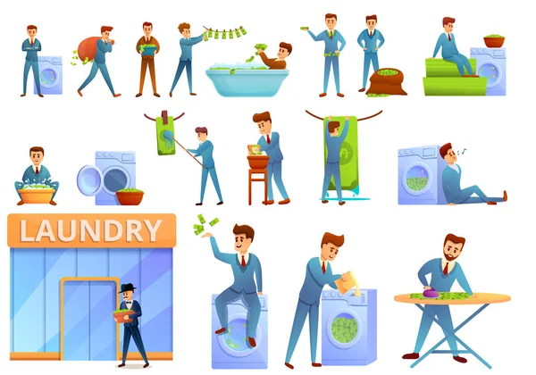 Conjunto de iconos de lavado de dinero, estilo de dibujos animados — Vector de stock