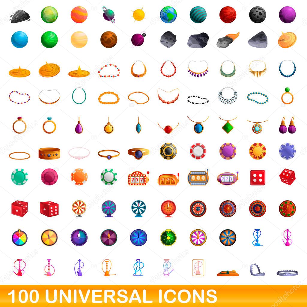 100 universal icons set, cartoon style