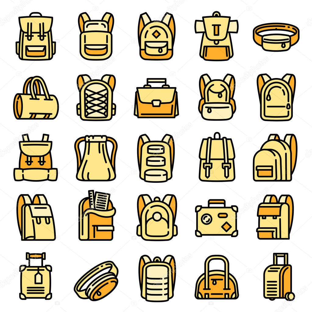 Backpack icons set, outline style