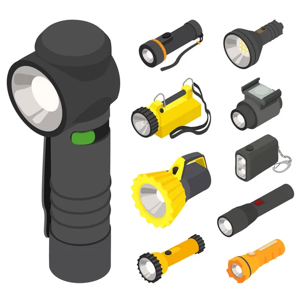 Ensemble d'icônes lampe de poche, style isométrique — Image vectorielle
