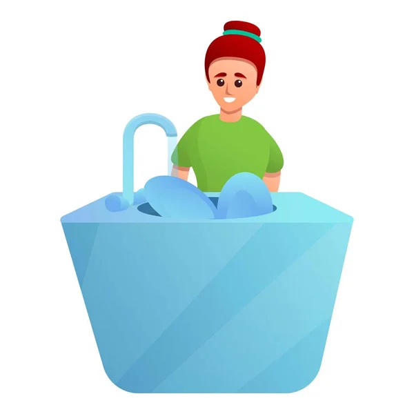 Dziewczyna myć naczynia ikona, styl kreskówki — Wektor stockowy