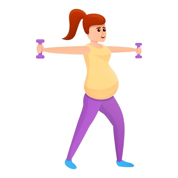 Pregnant girl with dumbbells icon, cartoon style — Stock Vector