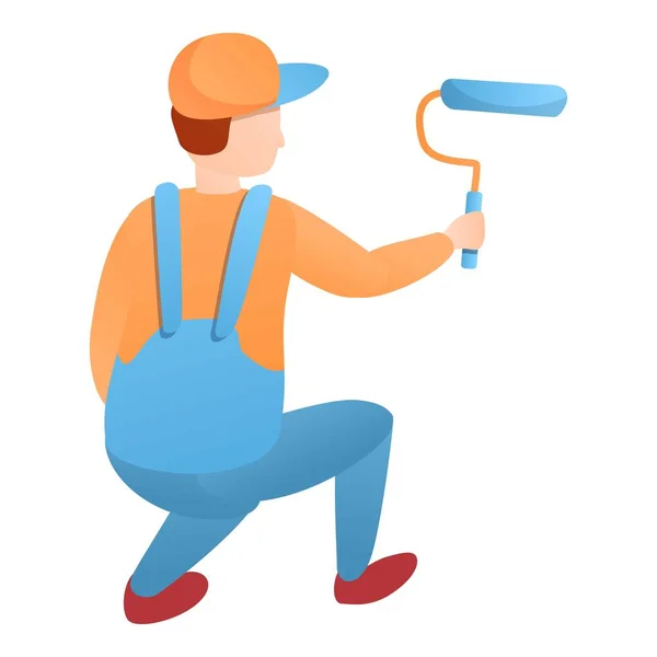 Painter guy working squatting icon, cartoon style — Stock Vector
