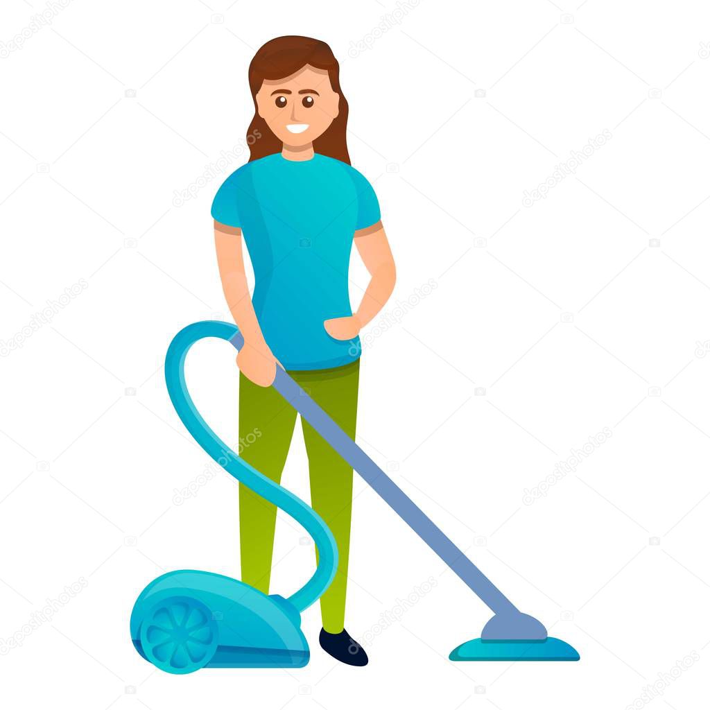 Woman use vacuum cleaner icon, cartoon style