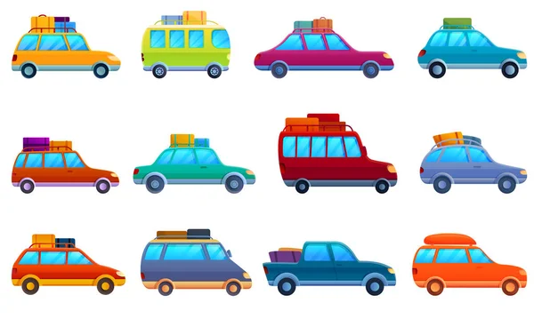 Conjunto de iconos de viaje de coche, estilo de dibujos animados — Vector de stock