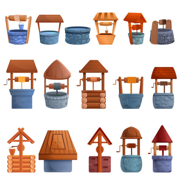 Water well icons set, cartoon style