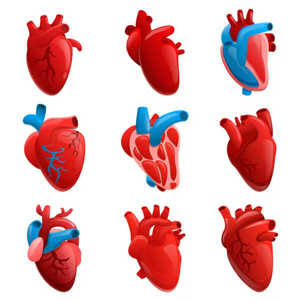Menselijke hart pictogrammen set, cartoon stijl — Stockvector