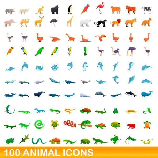 Ensemble de 100 icônes animalières, style dessin animé — Image vectorielle