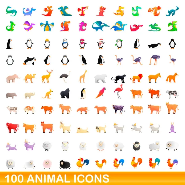 100 iconos de animales conjunto, estilo de dibujos animados — Vector de stock