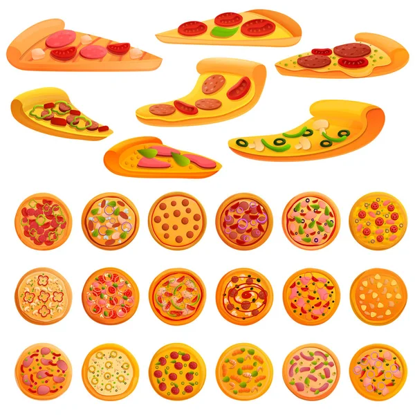 Pizza ikony set, kreslený styl — Stockový vektor