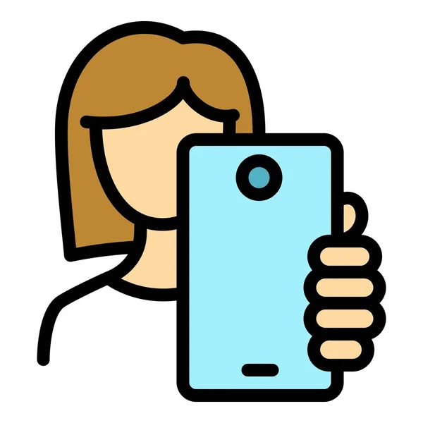 Woman make selfie icon, outline style — ストックベクタ