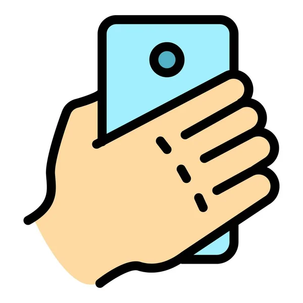 Smartphone ruční selfie ikona, styl osnovy — Stockový vektor