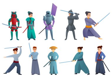 Samurai icons set, cartoon style clipart