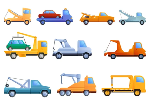 Tow truck icons set, cartoon style — 스톡 벡터