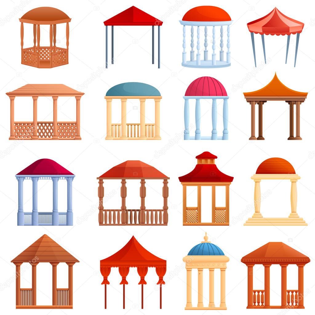 Gazebo icons set, cartoon style