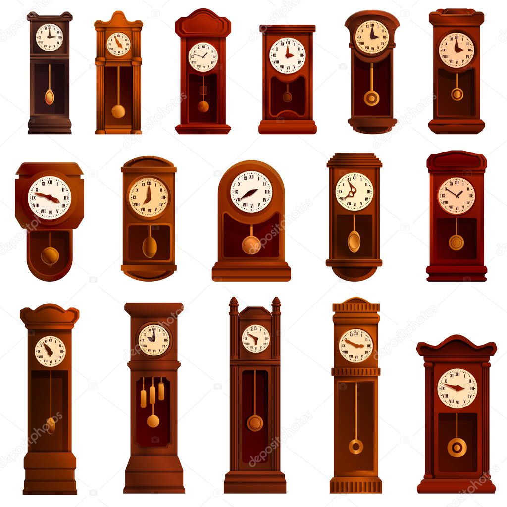 Pendulum clock icons set, cartoon style