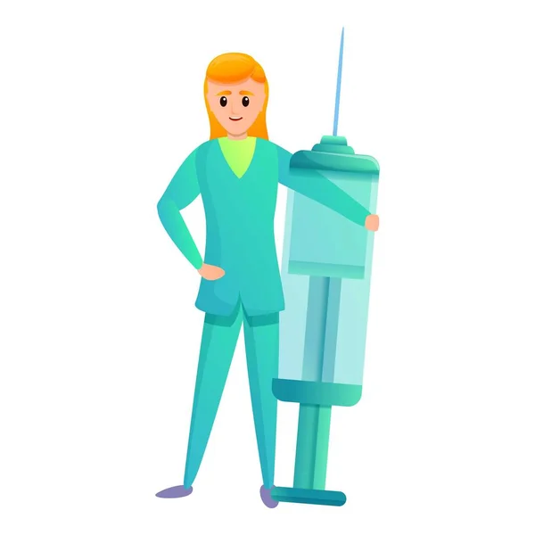 Gelukkig verpleegster met spuit icoon, cartoon stijl — Stockvector