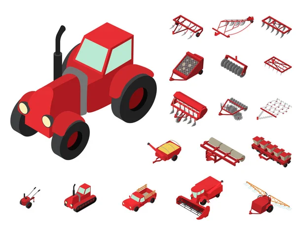 Conjunto de iconos de máquinas agrícolas, estilo isométrico — Vector de stock