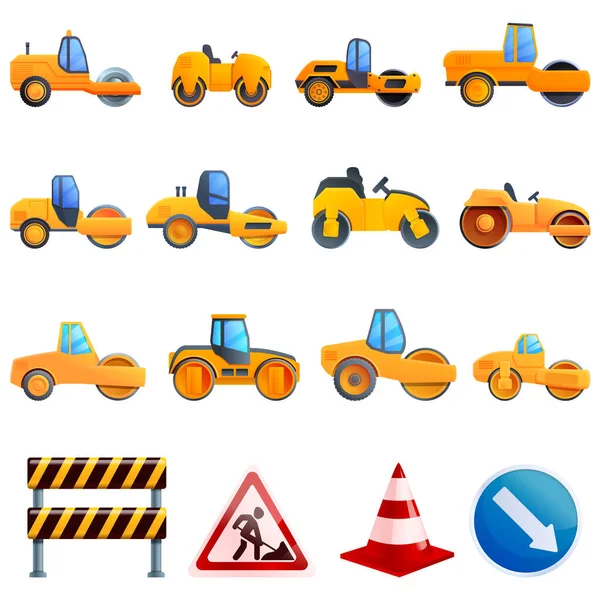 Road roller icons set, cartoon style — Stok Vektör
