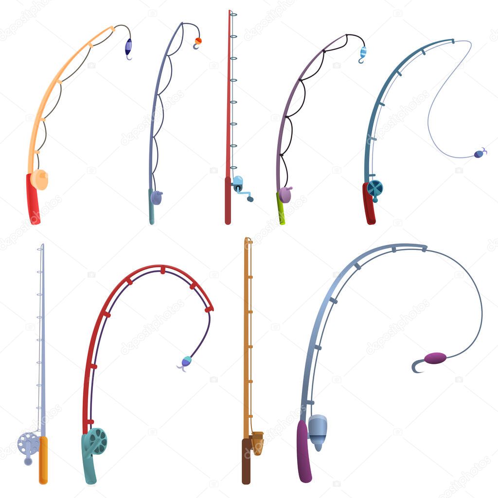 Fishing rod icons set, cartoon style