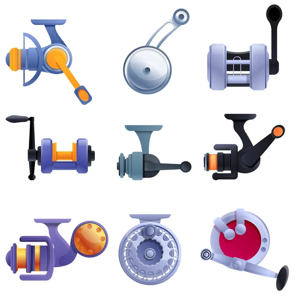 Fishing reel icons set, cartoon style — Stockvektor