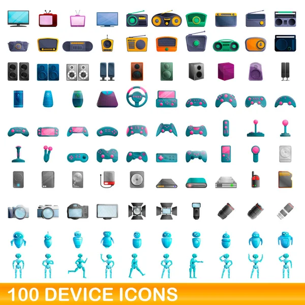 100 ikon perangkat ditata, gaya kartun Grafik Vektor