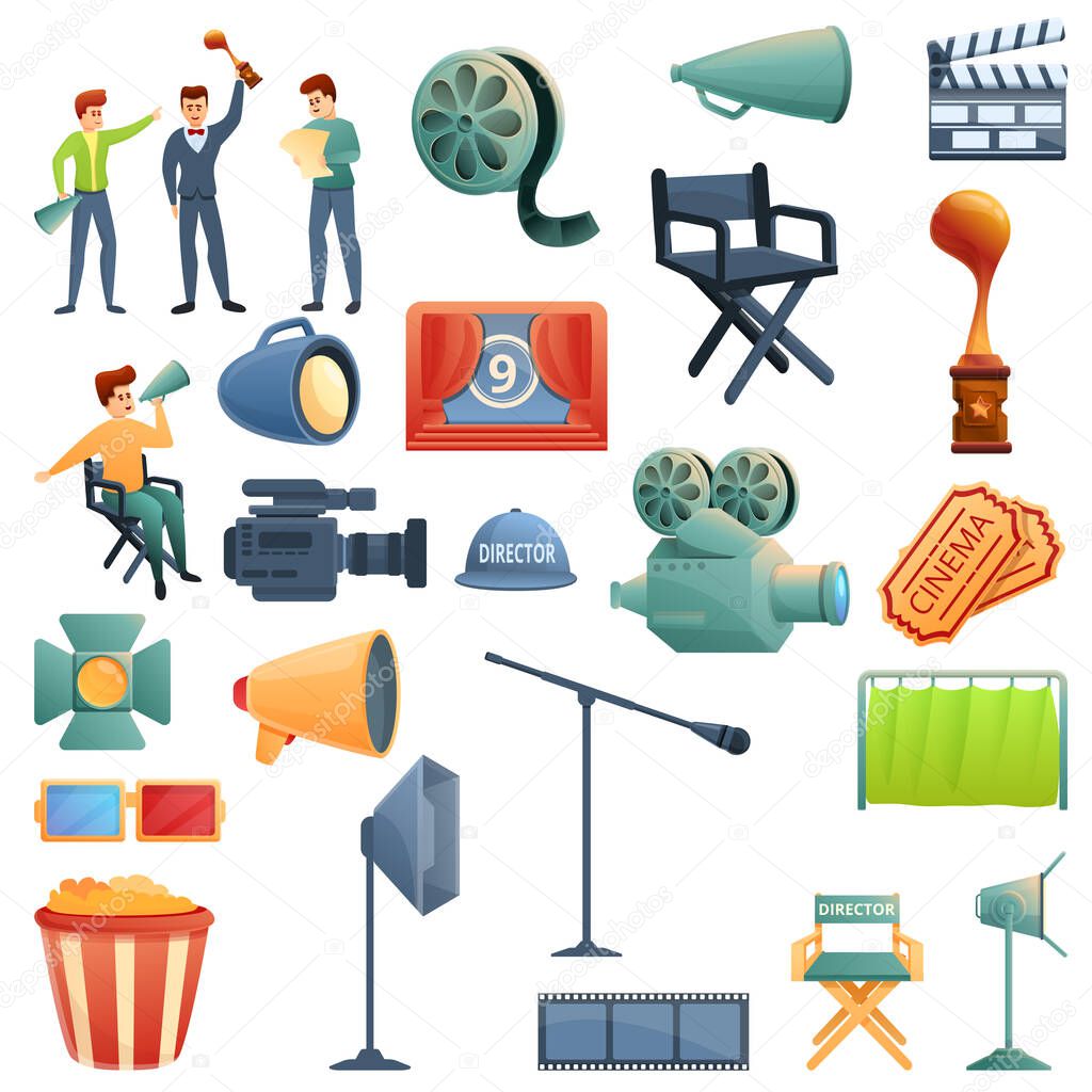 Stage director icons set, cartoon style