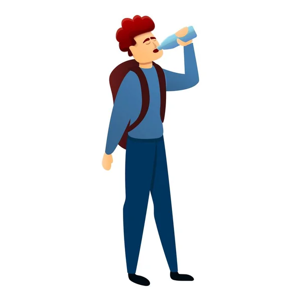 Niño con mochila beber agua icono, estilo de dibujos animados — Archivo Imágenes Vectoriales