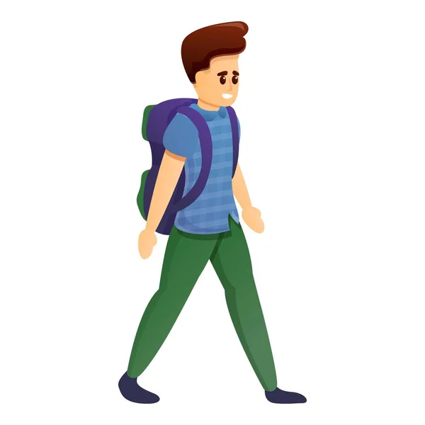 Boy viajar con el icono de la mochila, estilo de dibujos animados — Vector de stock