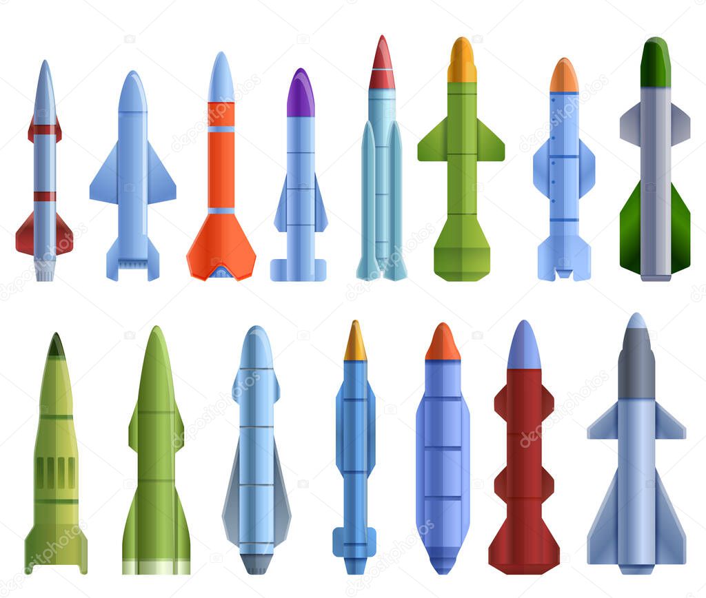 Missile attack icons set, cartoon style