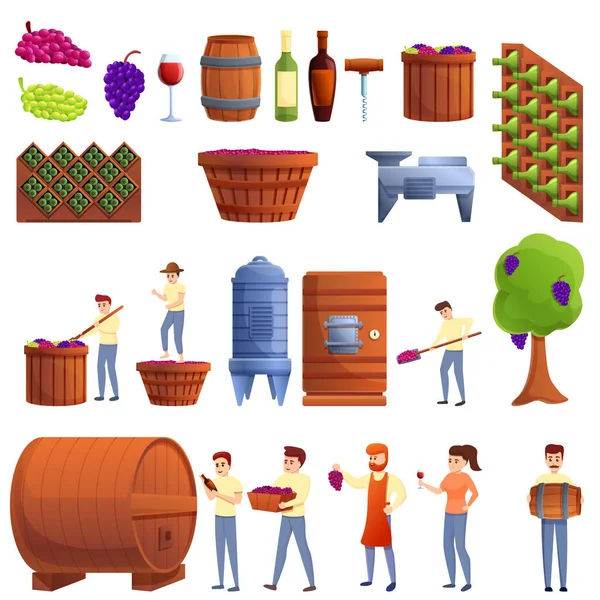 Zestaw ikon winiarskich, styl kreskówki — Wektor stockowy