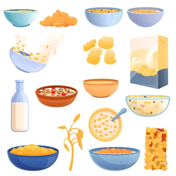 Cereal flakes ikon set, gaya kartun - Stok Vektor