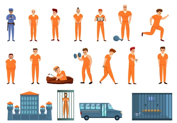 Ensemble d'icônes de prison, style dessin animé — Image vectorielle