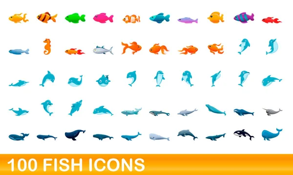 50 conjunto de ícones de peixe, estilo cartoon — Vetor de Stock