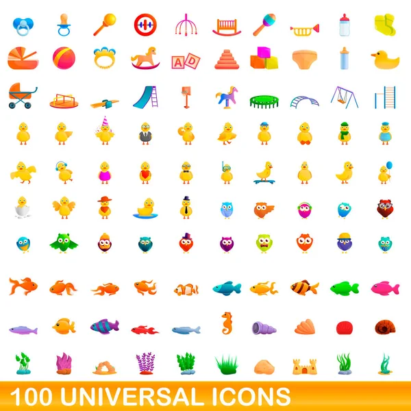 100 ikon universal ditata, gaya kartun Stok Vektor Bebas Royalti