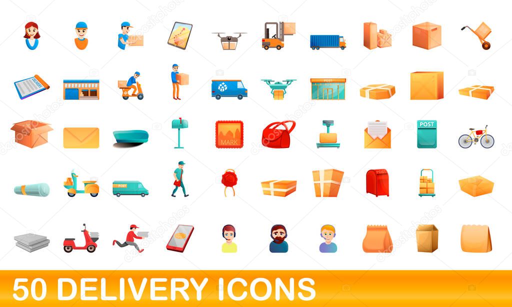 50 delivery icons set, cartoon style